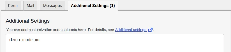Contact Form 7 Additional Settings tab containing the line demo_mode: on
