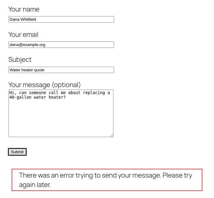 Contact Form 7 form on a WordPress page showing a red box reading There was an error trying to send your message. Please try again later.