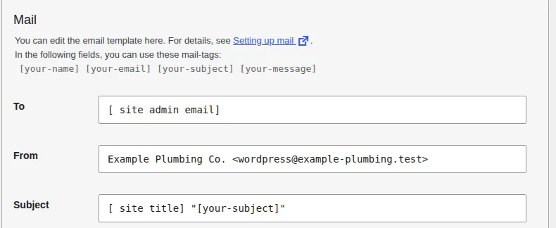 Contact Form 7 Mail tab with the From field set to an address on the site domain and no configuration warning