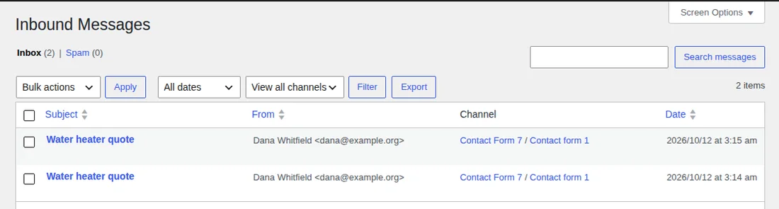 Flamingo Inbound Messages screen in WordPress listing a message from Dana Whitfield received through Contact Form 7
