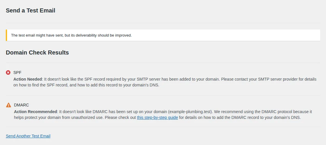 WP Mail SMTP email test result showing Domain Check Results with a failed SPF check and a recommended DMARC record