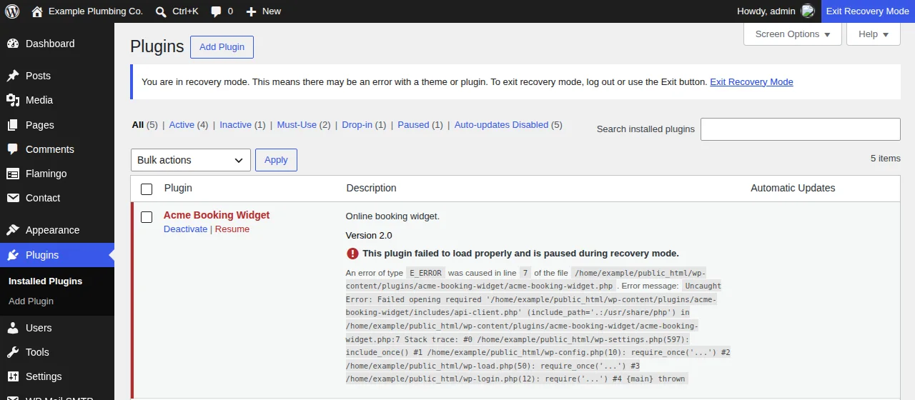 WordPress Plugins screen in recovery mode showing a paused plugin with the PHP error message in red