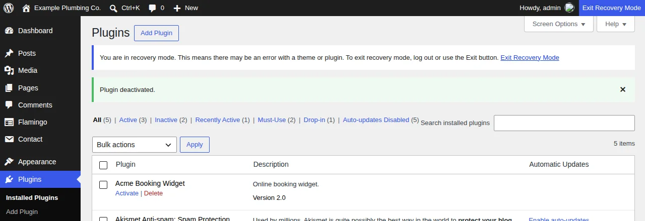WordPress Plugins screen in recovery mode after clicking Deactivate, showing the plugin deactivated notice