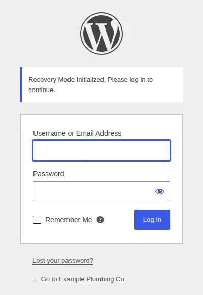 WordPress login screen showing Recovery Mode Initialized, please log in to continue