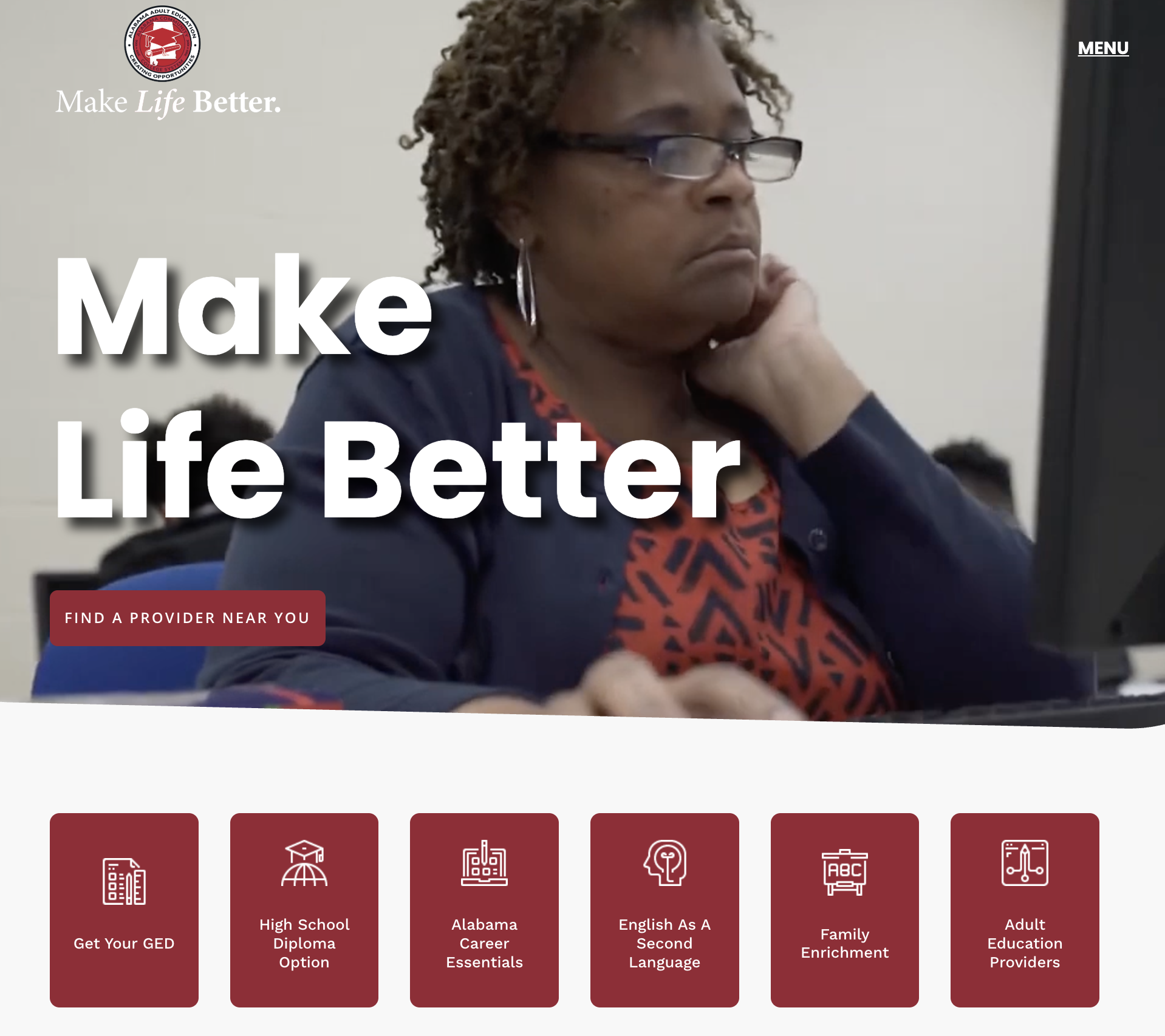 A refreshed site for Alabama's adult ed programs, focused on student sign-ups, partner info, and success stories.