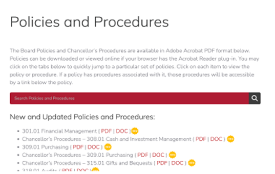 A clean, searchable knowledge base to host formal documents for staff and faculty — mobile-accessible and logically organized.